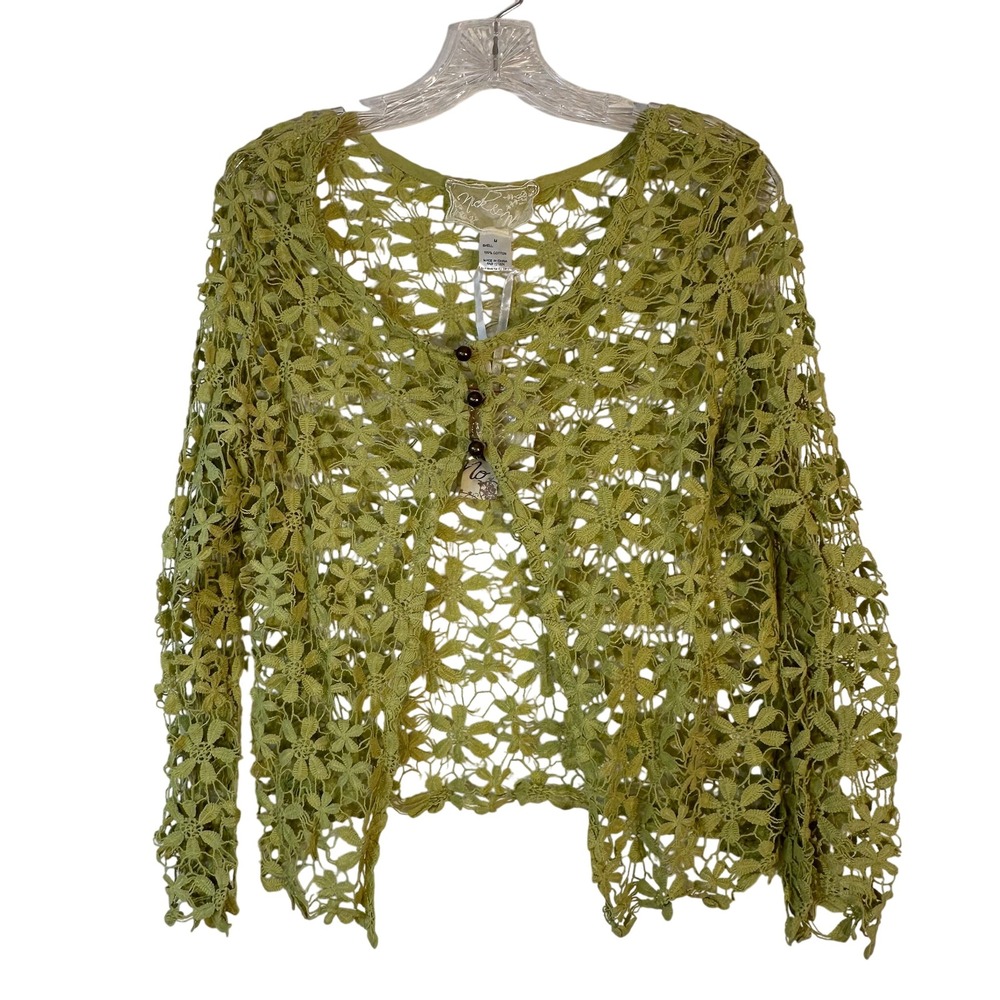 Nick & Mo Chartreuse Green Floral Crochet Cardigan Medium Cotton Lace Boho Artsy